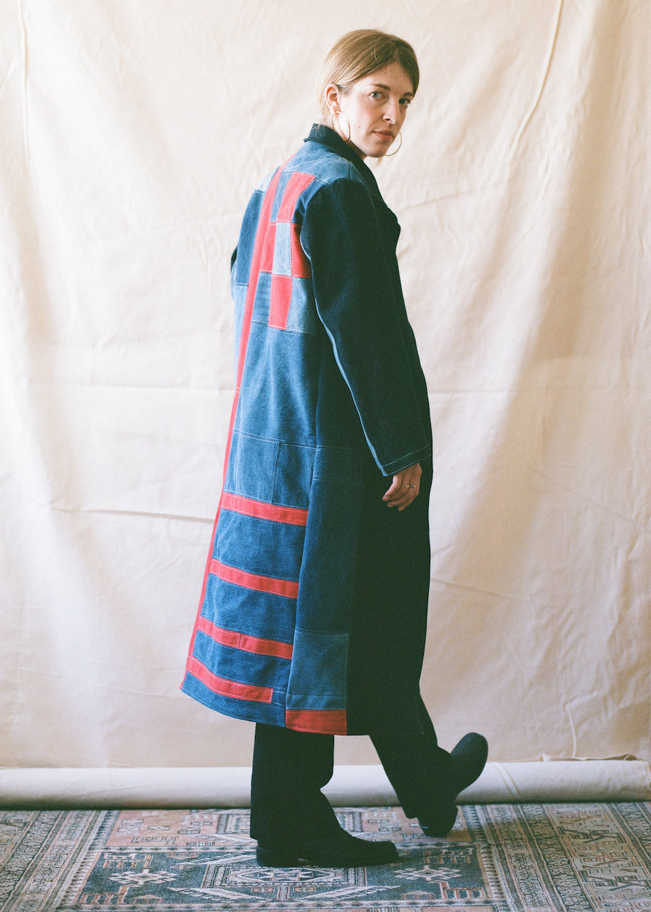 red and blue duster